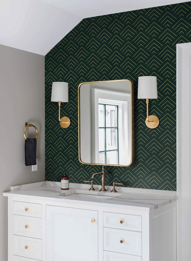 TEKCOOL ورق جدران ذاتي اللصق من TEKCOOL بنمط أخضر وذهبي، ورق جدران قابل للتقشير واللصق بخطوط ذهبية، ورق جدران فينيل لاصق قابل للإزالة، ورق جدران زخرفي، يمكنك تركيبه بنفسك، 45 × 300 سم (أخضر - قطعتان) - Image 4